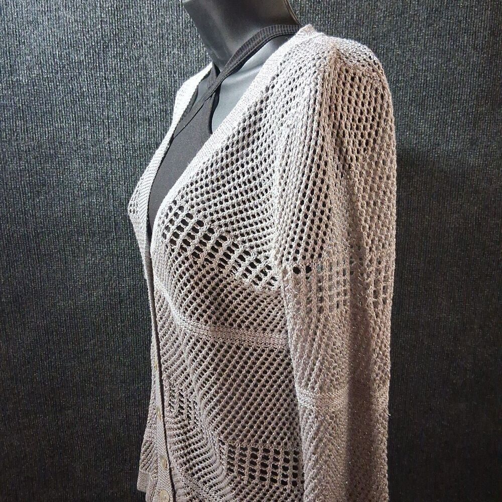 Studio Y Sweater Button Down Cardigan Gray w-Metallic Threads Classy Glam Sz M - Picture 7 of 8